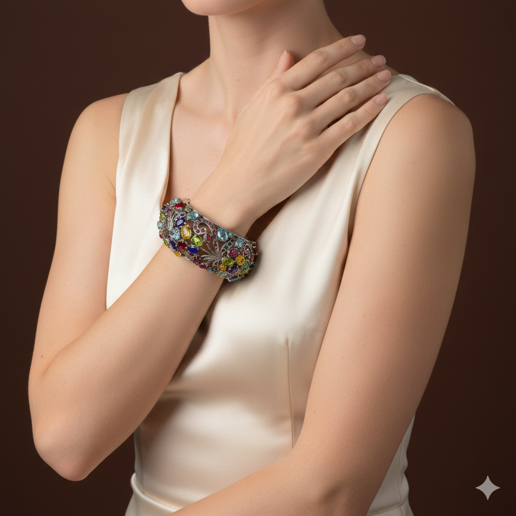Intricate Multi-Gem Statement Silver Bangle