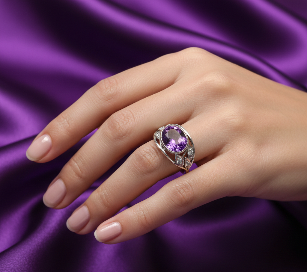 Regal Oval Amethyst & Zirconia Silver Ring