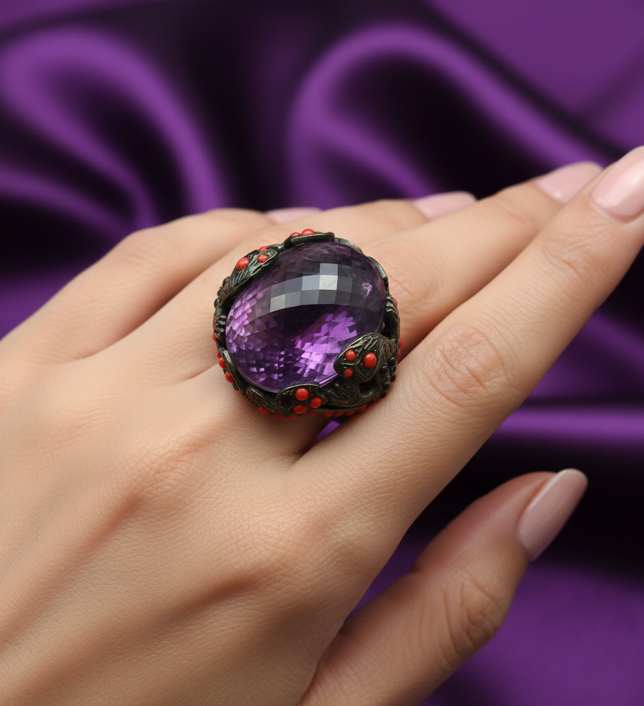 Luxe Amethyst & Coral Gemstone Statement Ring